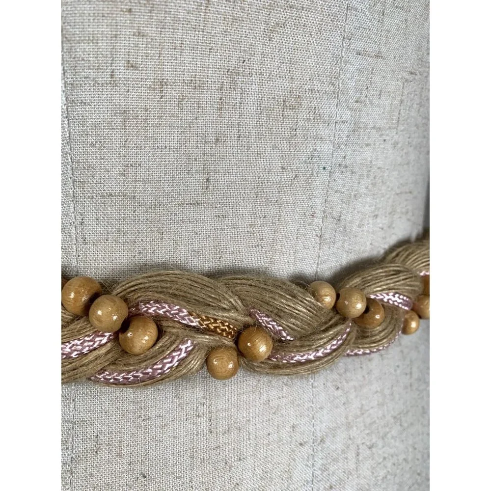 Vintage Statement Braided Beaded‎ Belt Womens Tan Pink Tie Waist 80s 90s Boho